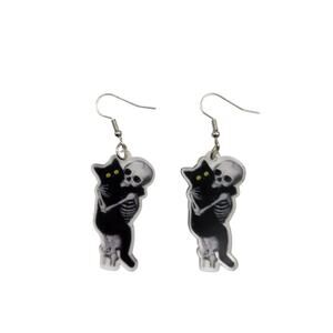 Acrylic Skeleton Holding Black Cat Dangle Earrings Gothic Halloween
